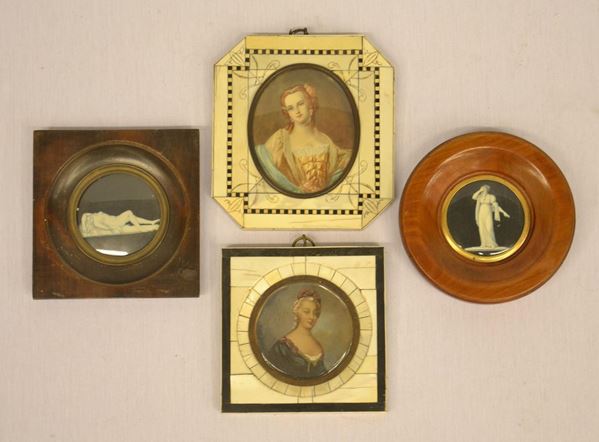 Quattro miniature, sec. XIX,  - Asta ARREDI, OGGETTI D'ARTE, DIPINTI E GIOIELLI - Poggio Bracciolini Casa d'Aste