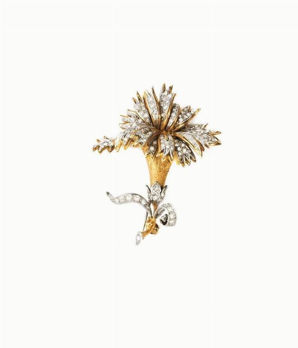 SPILLA IN ORO GIALLO, ORO BIANCO E DIAMANTI  - Asta INTERNI | GIOIELLI, orologi , Mobili, OGGETTI D'ARTE e Dipinti - Poggio Bracciolini Casa d'Aste