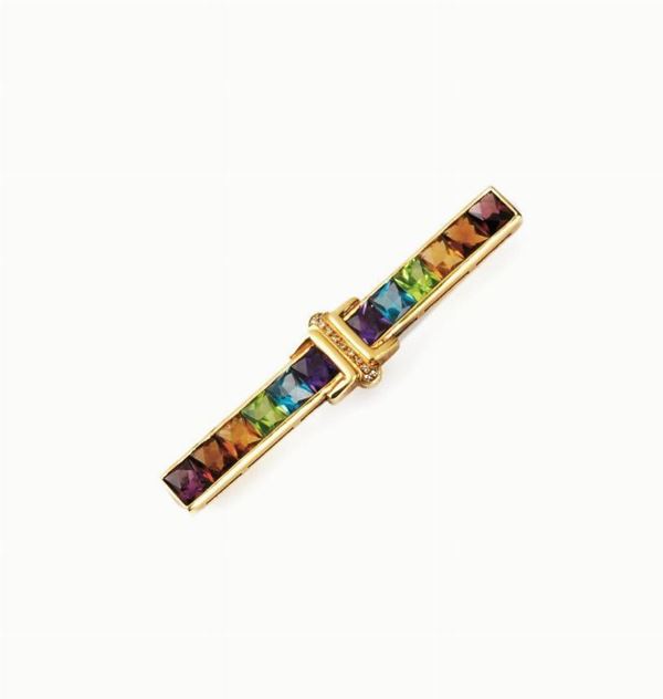 SPILLA IN ORO GIALLO, PIETRE DI COLORE E DIAMANTI  - Asta INTERNI | GIOIELLI, orologi , Mobili, OGGETTI D'ARTE e Dipinti - Poggio Bracciolini Casa d'Aste