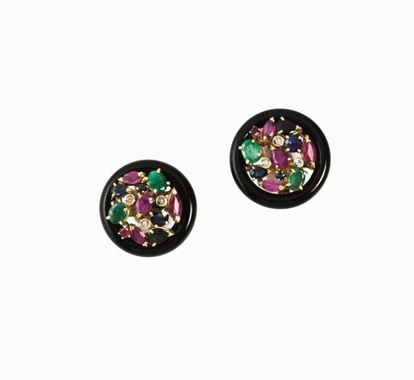 PAIO DI ORECCHINI IN ORO ROSA 12 K, ONICE, PIETRE DI COLORE E DIAMANTI