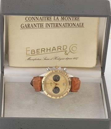 OROLOGIO DA POLSO CON CRONOGRAFO EBERHARD &amp; CO., IN ACCIAIO E ORO, CON SCATOLA E GARANZIA
