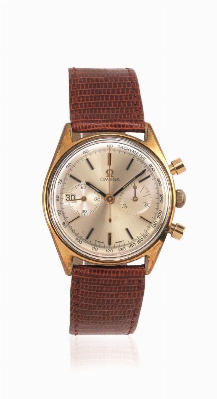 OROLOGIO DA POLSO CON CRONOGRAFO, OMEGA,  anni ’60, IN ORO GIALLO PLACCATO E ACCIAIO