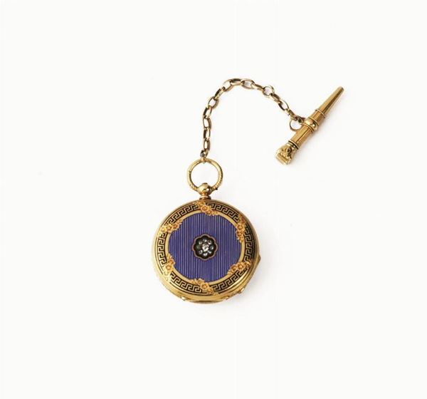 OROLOGIO DA TASCHINO, ANONIMO SVIZZERO, FINE SEC. XIX, IN ORO GIALLO, SMALTI E ROSE DI DIAMANTE, CON CHIAVETTA IN ORO GIALLO