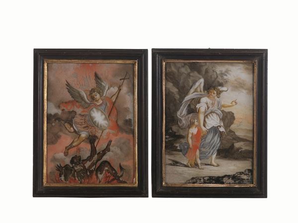 COPPIA DI DIPINTI SU VETRO, SECOLO XVIII  - Asta INTERNI | GIOIELLI, orologi , Mobili, OGGETTI D'ARTE e Dipinti - Poggio Bracciolini Casa d'Aste