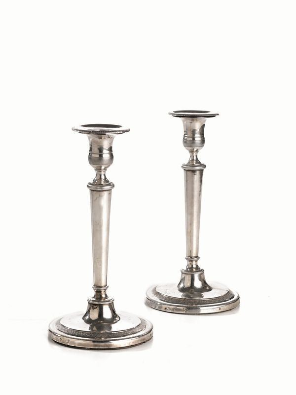 COPPIA DI CANDELIERI, TORINO, FINE SEC. XVIII-INIZI SEC. XIX, SAGGIATORE GIUSEPPE VERNONI