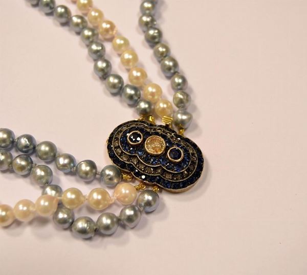 COLLANA IN PERLE , DIAMANTI E RUBINI