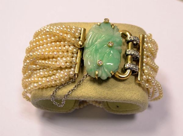 BRACCIALE IN ORO GIALLO, DIAMANTI, PERLE E GIADA