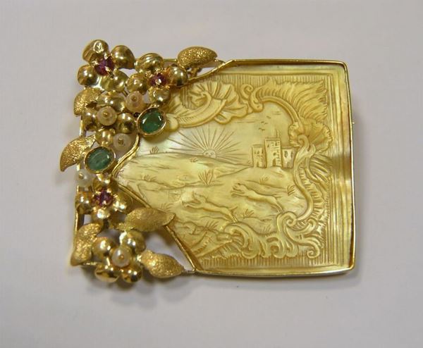 SPILLA IN ORO GIALLO.MADREPERLA E PIETRE