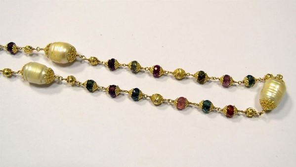 COLLANA IN ORO GIALLO,PERLE,SMERALDI, RUBINI