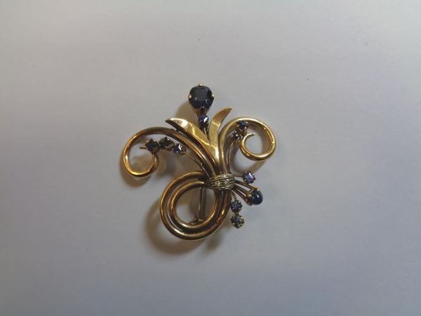 SPILLA IN ORO ROSA, ZAFFIRI E DIAMANTI