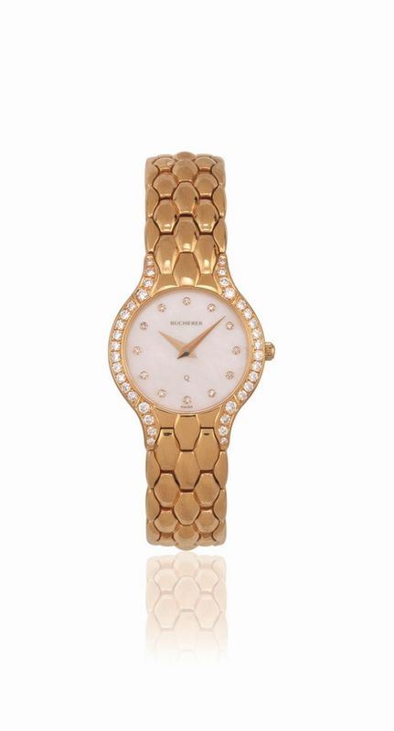 OROLOGIO DA POLSO PER SIGNORA BUCHERER, REF. 1141/1, SERIALE N.256-050,&nbsp; IN ORO GIALLO, MADREPERLA E DIAMANTI