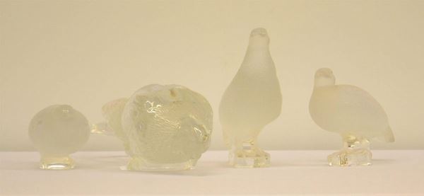 Quattro volatili, sec. XX, manifattura Lalique,