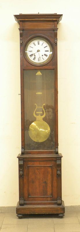 Orologio a torre, seconda metà sec. XIX, in castagno,  - Asta ANTIQUARIATO, COLLEZIONISMO E GIOIELLI - Poggio Bracciolini Casa d'Aste