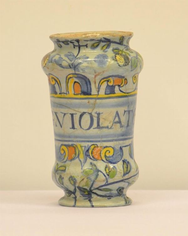 Albarello, sec. XVIII, in maiolica decorata,