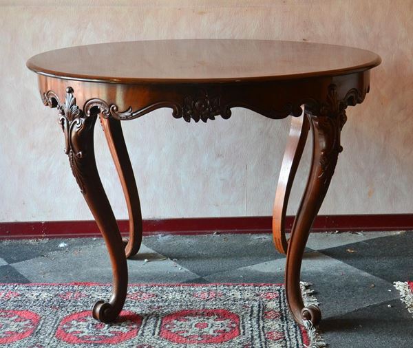 Tavolo, in stile Biedermeier, in mogano, piano circolare su
