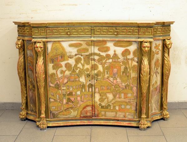 Credenza, sec. XX, in legno laccato e decorato a cineserie,