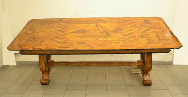 Tavolo, Biedermeier, sec. XIX, piano rettangolare in radica di ulivo e
