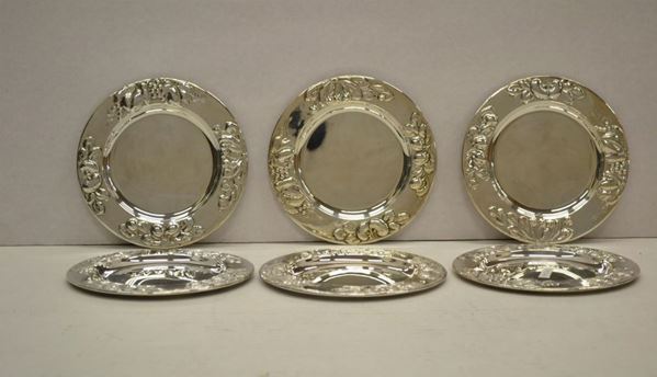 Sei sottobicchieri, Brandimarte, secolo XX, in argento, complessivi g 540&nbsp;