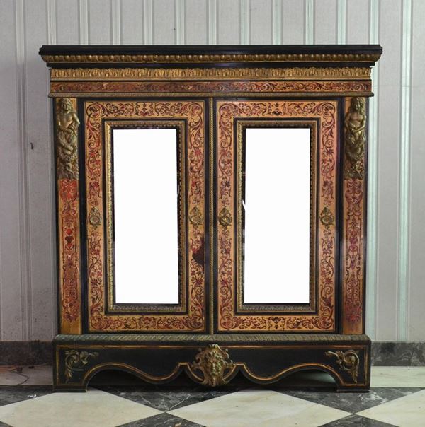 Piccola vetrina, Boulle, sec. XIX, in legno intarsiato,