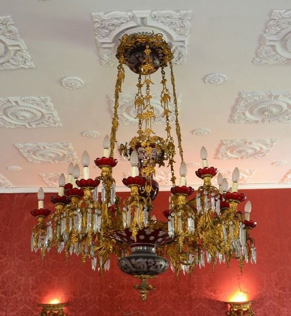 Lampadario, Francia, inizi sec. XX, in bronzo dorato