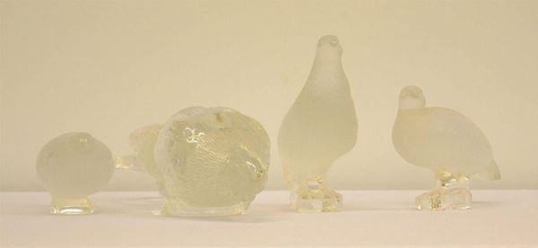 Quattro volatili, sec. XX, manifattura Lalique,