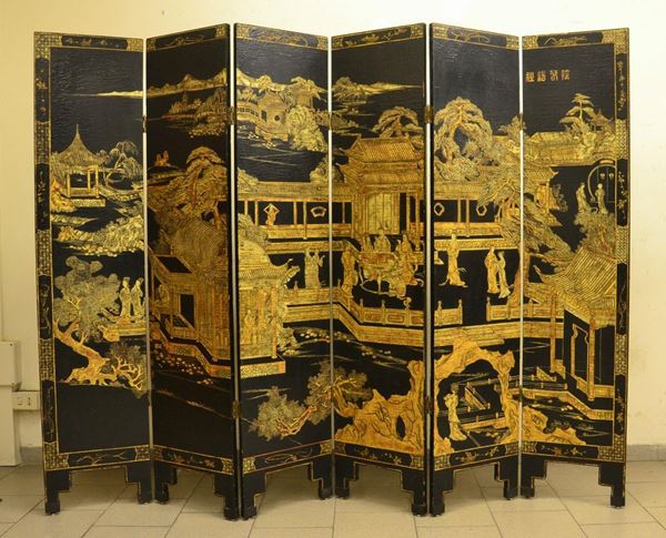 Paravento, arte orientale, fine sec. XIX, in legno laccato e