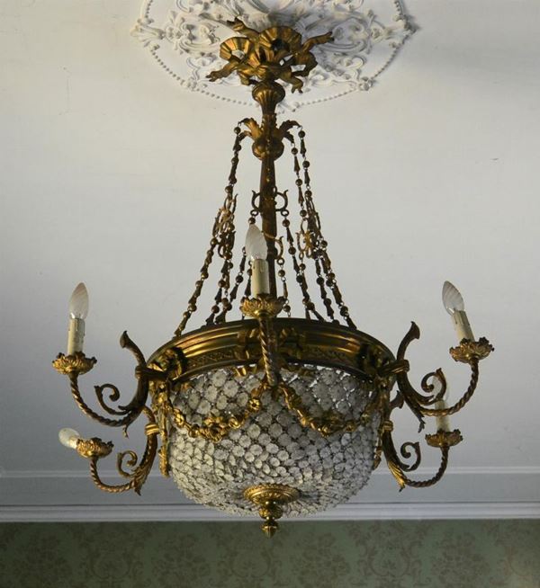 Lampadario, Liberty, inizi sec. XX, in bronzo,