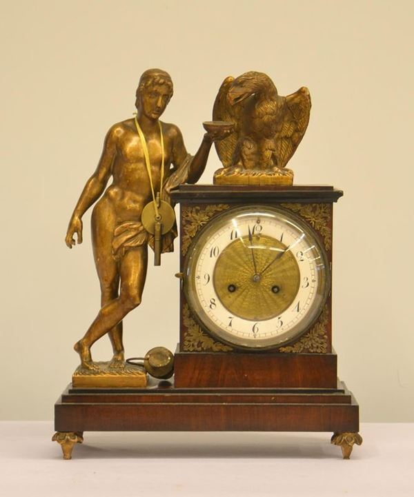 Orologio da tavolo, sec. XIX, cassa in legno, mostra circolare in metallo