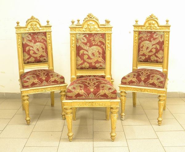 Quattro sedie, in stile 700, inizi sec. XX, in legno dorato e intagliato