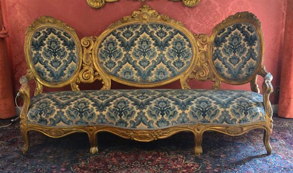 Divano, Luigi Filippo, sec. XIX, in legno intagliato e dorato,