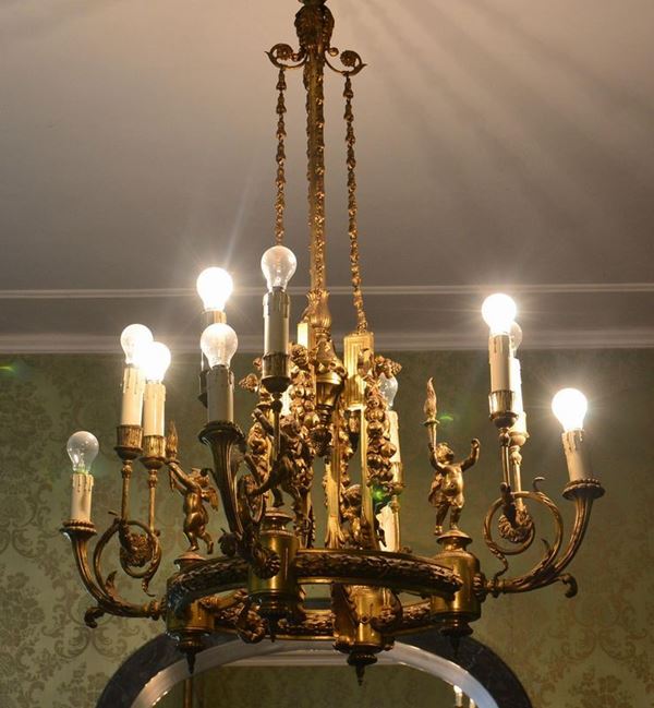 Lampadario, inizi sec. XX, in bronzo, dodici luci,