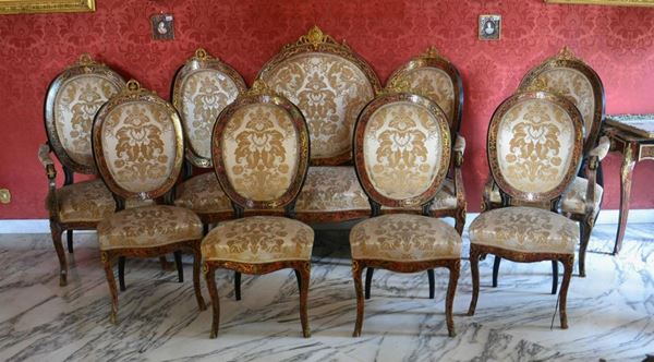 Salotto, Boulle, sec. XIX, in legno ebanizzato e intarsiato con rapporti