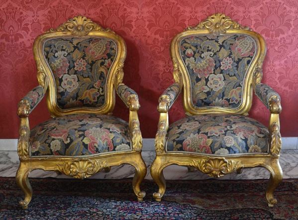 Coppia di poltrone, Luigi Filippo, sec. XIX, in legno dorato e