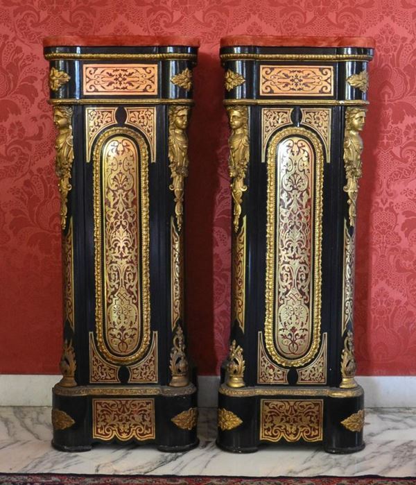 Coppia di colonne, Boulle, sec. XIX, in legno