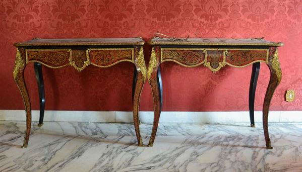 Due tavoli, Boulle, sec. XIX, in legno intarsiato, rapporti in metallo