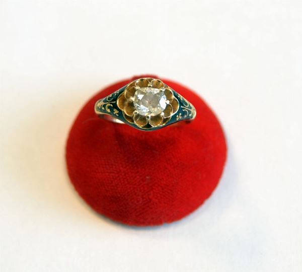 ANELLO IN ORO GIALLO, DIAMANTE E SMALTO