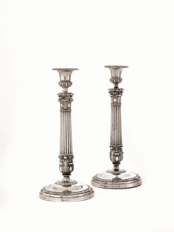 COPPIA DI CANDELIERI, MILANO, 1840 CIRCA, ARGENTIERE GIUSEPPE SCIOMACHEN&nbsp;&nbsp;