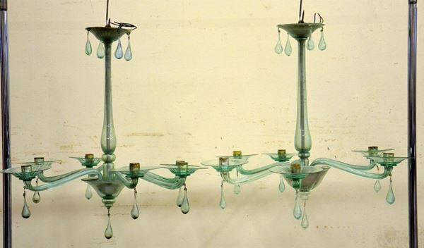 Lampadario, seconda met&agrave; sec. XX, in vetro verde,