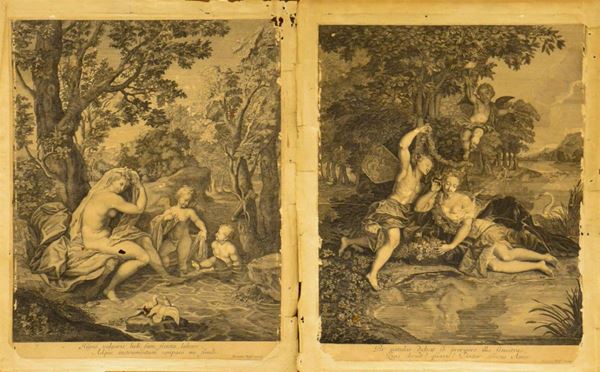 Coppia di incisioni raffiguranti scene bucoliche, cm 51x41 ciascuna