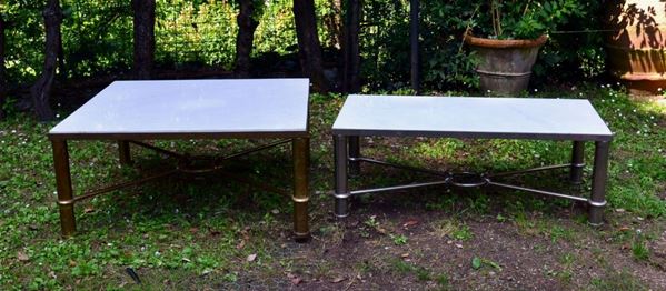Due tavoli da fumo, anni 70, piani in marmo, gambe a cilindro