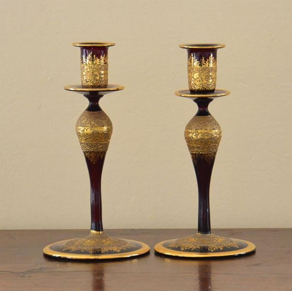 Coppia di portacandele, inizi sec. XX, in vetro di Murano