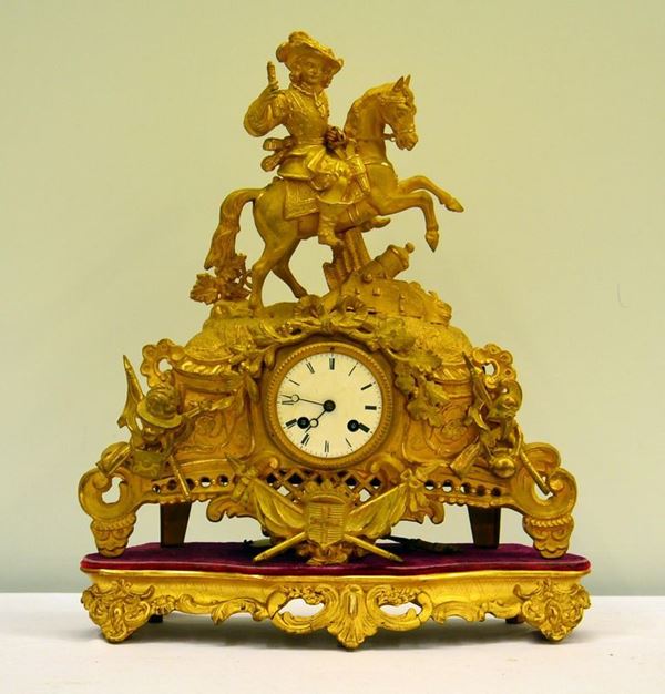 Orologio da tavolo, Francia, sec. XIX, in metallo dorato con