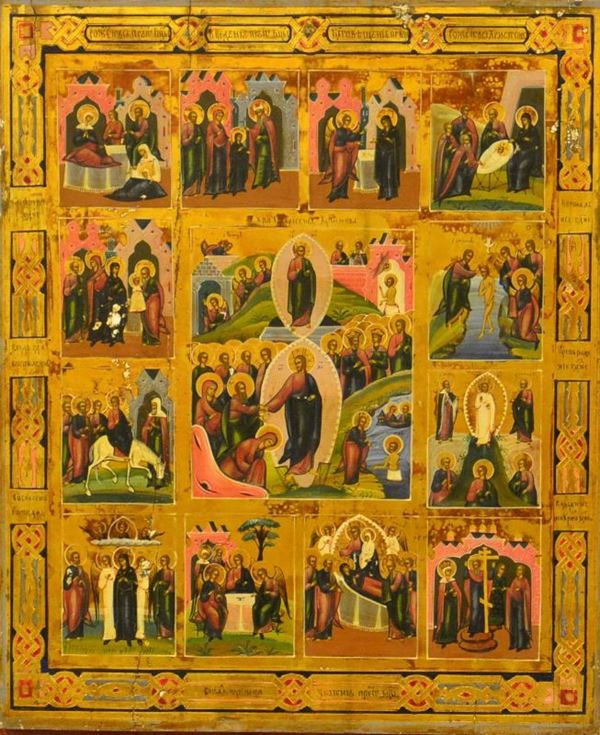 Icona russa, sec. XIX, composta da dodici formelle  - Asta GIOIELLI, ARREDI, DIPINTI E OGGETTI D'ARTE - Poggio Bracciolini Casa d'Aste