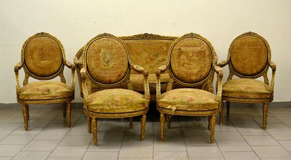 Salotto, Francia, sec. XIX, composto da divano e quattro poltrone,