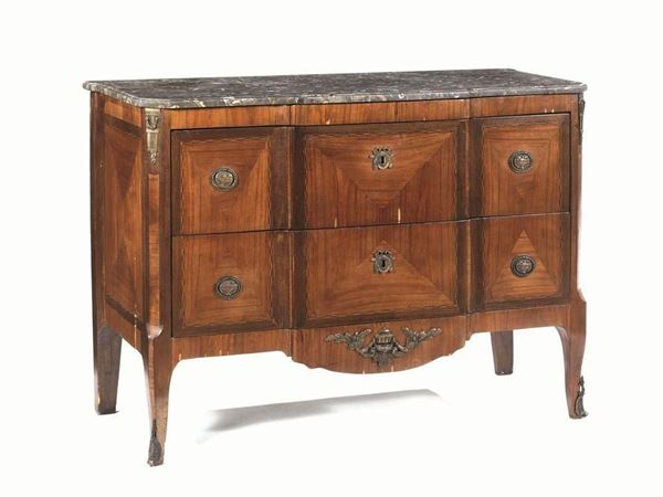 Cassettone, Francia, sec. XIX,in noce, bois de rose e bois de violette,