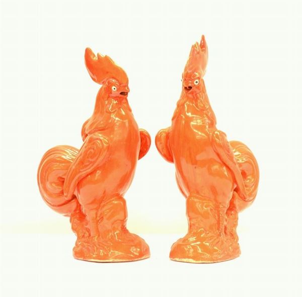 Coppia di galli, Cina, sec. XX, in ceramica