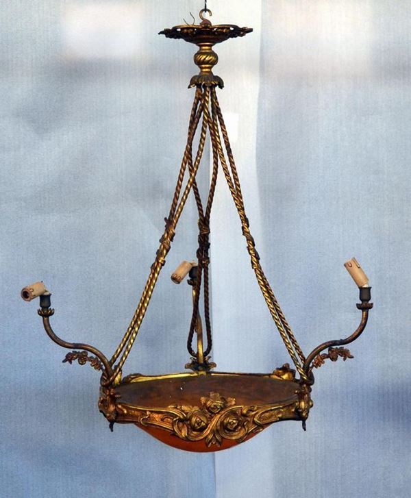 Lampadario, Liberty, in bronzo, tre luci,