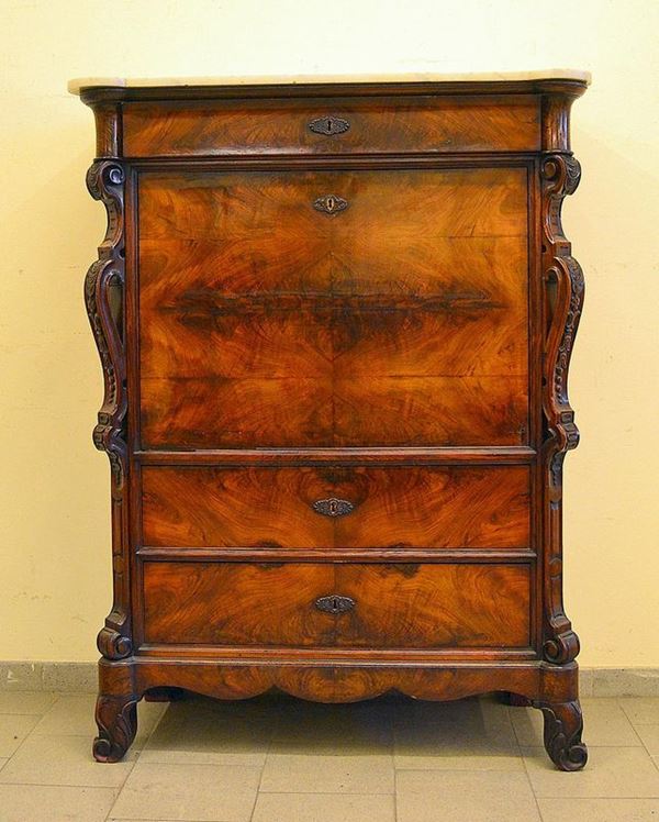 Secretaire, sec. XIX, in radica, tre cassetti e