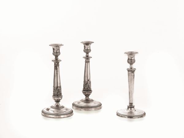 COPPIA DI CANDELIERI, MILANO, 1840 CIRCA, ARGENTIERE GIUSEPPE SCIOMACHEN&nbsp;&nbsp;