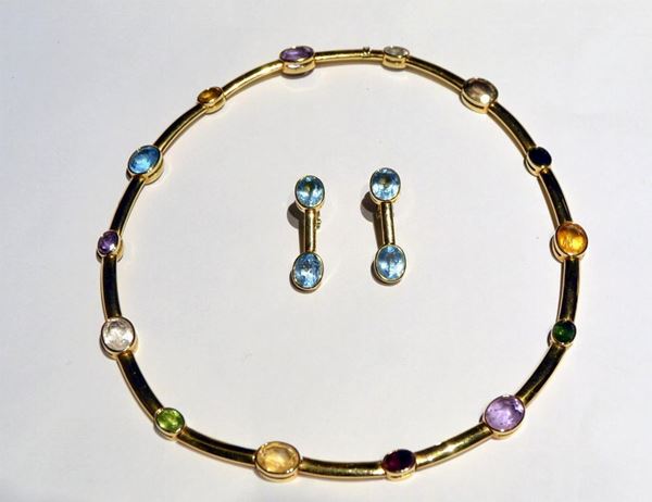 DEMI-PARURE, IN ORO GIALLO E PIETRE, COMPOSTA